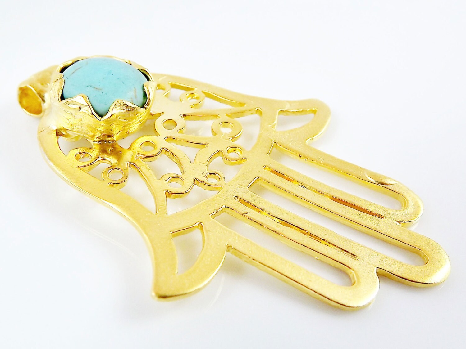 Gold Fretwork Hamsa Hand of Fatima Pendant with Turquoise Stone Accent, 22k Matte Gold plated 1pc