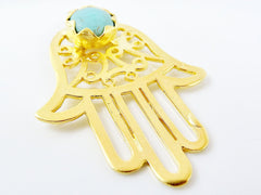 Gold Fretwork Hamsa Hand of Fatima Pendant with Turquoise Stone Accent, 22k Matte Gold plated 1pc