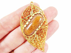 Filigree Leaf Pendant with Bezel Set Golden Light Jade - 22k Matte Gold Plated - 1PC