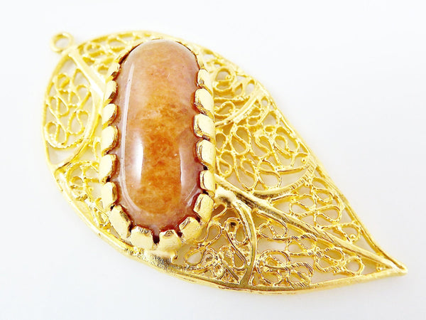 Filigree Leaf Pendant with Bezel Set Golden Light Jade - 22k Matte Gold Plated - 1PC