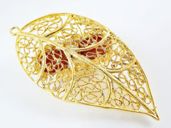 Filigree Leaf Pendant with Bezel Set Golden Light Jade - 22k Matte Gold Plated - 1PC