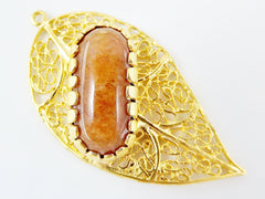 Filigree Leaf Pendant with Bezel Set Golden Light Jade - 22k Matte Gold Plated - 1PC