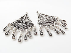 2 Delicate Diamond Shaped Exotic Filigree Telkari Chandelier Earring Component Pendants - Matte Silver Plated