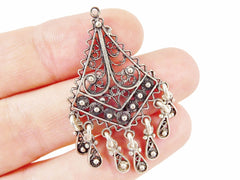 2 Delicate Diamond Shaped Exotic Filigree Telkari Chandelier Earring Component Pendants - Matte Silver Plated