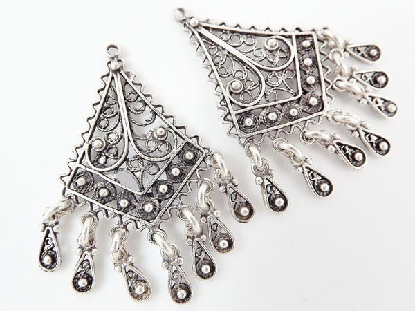 2 Delicate Diamond Shaped Exotic Filigree Telkari Chandelier Earring Component Pendants - Matte Silver Plated