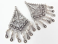 2 Delicate Diamond Shaped Exotic Filigree Telkari Chandelier Earring Component Pendants - Matte Silver Plated