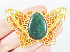 Butterfly Pendant with Bezel Set Emerald Green Teardrop Jade Stone - 22k Matte Gold Plated - 1PC