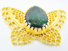 Butterfly Pendant with Bezel Set Emerald Green Teardrop Jade Stone - 22k Matte Gold Plated - 1PC
