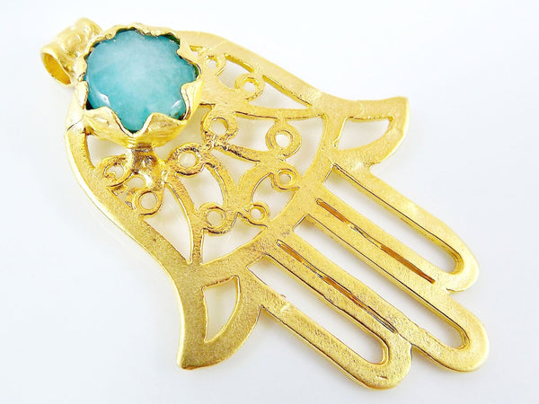 Aqua Stone Hamsa Hand Fretwork Pendant - 22k Matte Gold plated 1pc