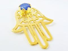 Royal Blue Stone Hamsa Hand Fretwork Pendant - 22k Matte Gold plated 1pc