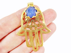 Royal Blue Stone Hamsa Hand Fretwork Pendant - 22k Matte Gold plated 1pc