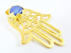 Royal Blue Stone Hamsa Hand Fretwork Pendant - 22k Matte Gold plated 1pc