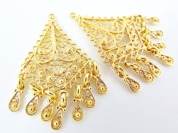 2 Delicate Diamond Shaped Exotic Filigree Telkari Chandelier Earring Component Pendants - 22k Gold Plated