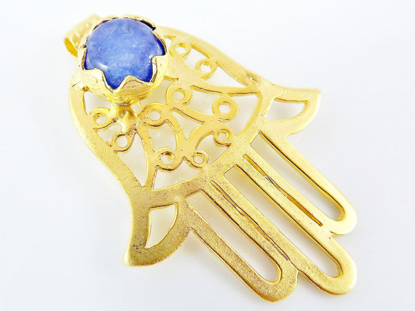 Royal Blue Stone Hamsa Hand Fretwork Pendant - 22k Matte Gold plated 1pc