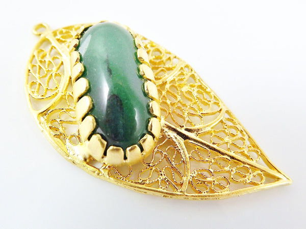 Filigree Leaf Pendant with Bezel Set Emerald Green Jade - 22k Matte Gold Plated - 1PC