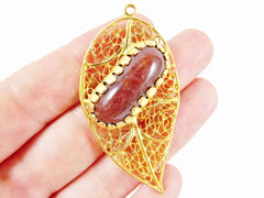 Filigree Leaf Pendant with Bezel Set Golden Brown Jade - 22k Matte Gold Plated - 1PC