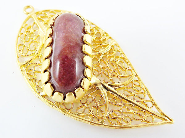 Filigree Leaf Pendant with Bezel Set Golden Brown Jade - 22k Matte Gold Plated - 1PC