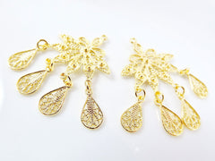 2 Delicate Petal Shaped Exotic Filigree Telkari Chandelier Earring Component Pendants - 22k Gold Plated