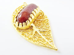 Filigree Leaf Pendant with Bezel Set Golden Brown Jade - 22k Matte Gold Plated - 1PC