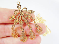 2 Delicate Petal Shaped Exotic Filigree Telkari Chandelier Earring Component Pendants - 22k Gold Plated