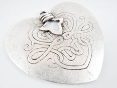 Large Tribal Ethnic Heart Pendant with Vine Pattern - Matte silver plated - 1pc