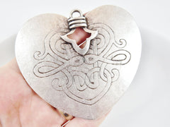 Large Tribal Ethnic Heart Pendant with Vine Pattern - Matte silver plated - 1pc