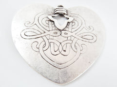 Large Tribal Ethnic Heart Pendant with Vine Pattern - Matte silver plated - 1pc