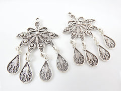 2 Delicate Petal Shaped Exotic Filigree Telkari Chandelier Earring Component Pendants - Matte Silver Plated