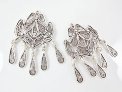 2 Delicate Organic Shaped Exotic Filigree Telkari Chandelier Earring Component Pendants - Matte Silver Plated