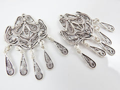 2 Delicate Organic Shaped Exotic Filigree Telkari Chandelier Earring Component Pendants - Matte Silver Plated