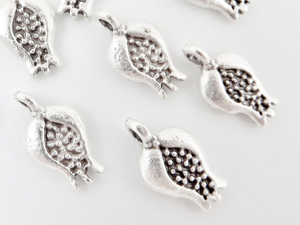 10 Mini Pomegranate Charms - TYPE 2 - Matte Silver Plated