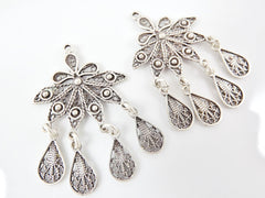 2 Delicate Petal Shaped Exotic Filigree Telkari Chandelier Earring Component Pendants - Matte Silver Plated