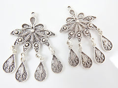 2 Delicate Petal Shaped Exotic Filigree Telkari Chandelier Earring Component Pendants - Matte Silver Plated