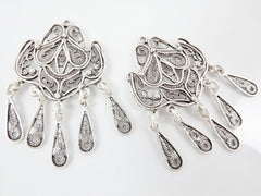 2 Delicate Organic Shaped Exotic Filigree Telkari Chandelier Earring Component Pendants - Matte Silver Plated