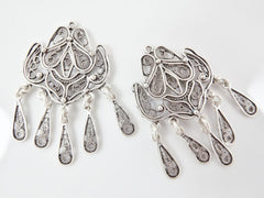 2 Delicate Organic Shaped Exotic Filigree Telkari Chandelier Earring Component Pendants - Matte Silver Plated