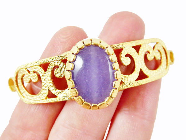 Lilac Jade Stone Curved Fretwork Bracelet Focal Connector - 22kMatte Gold Plated - 1PC