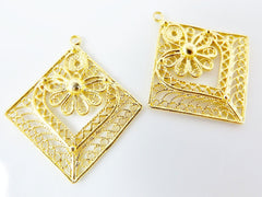 2 Delicate Diamond Shaped Exotic Filigree Telkari Earring Component Pendants - 22k Gold Plated