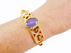 Lilac Jade Stone Curved Fretwork Bracelet Focal Connector - 22kMatte Gold Plated - 1PC