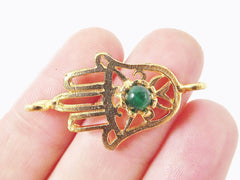 Hamsa Hand of Fatima Connector with Emerald Green Jade Stone - 22K Matte Gold Plated