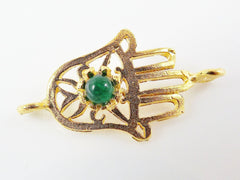 Hamsa Hand of Fatima Connector with Emerald Green Jade Stone - 22K Matte Gold Plated