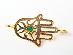 Hamsa Hand of Fatima Connector with Emerald Green Jade Stone - 22K Matte Gold Plated