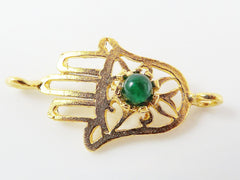 Hamsa Hand of Fatima Connector with Emerald Green Jade Stone - 22K Matte Gold Plated