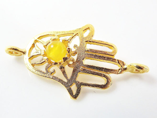 Hamsa Hand of Fatima Connector with Yellow Jade Stone - 22K Matte Gold Plated