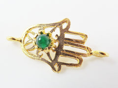 Hamsa Hand of Fatima Connector with Emerald Green Jade Stone - 22K Matte Gold Plated