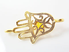 Hamsa Hand of Fatima Connector with Yellow Jade Stone - 22K Matte Gold Plated