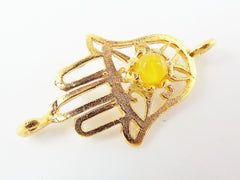 Hamsa Hand of Fatima Connector with Yellow Jade Stone - 22K Matte Gold Plated