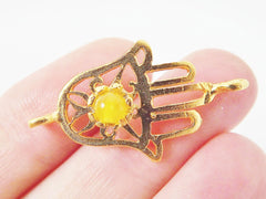 Hamsa Hand of Fatima Connector with Yellow Jade Stone - 22K Matte Gold Plated