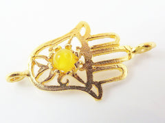 Hamsa Hand of Fatima Connector with Yellow Jade Stone - 22K Matte Gold Plated