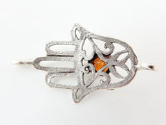 Hamsa Hand of Fatima Connector with Orange Jade Stone - Matte Silver Plated