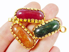 Trio Bean Stone Bracelet Connector - Emerald Green, Orange & Red Jade - 22K Matte Gold Plated No: 8